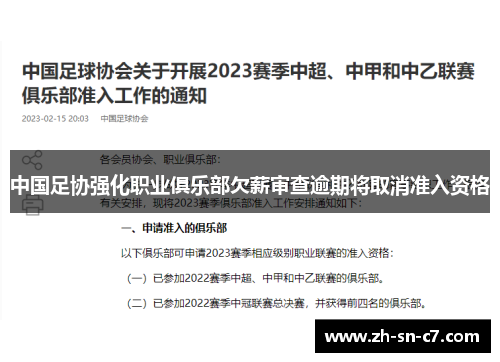 中国足协强化职业俱乐部欠薪审查逾期将取消准入资格